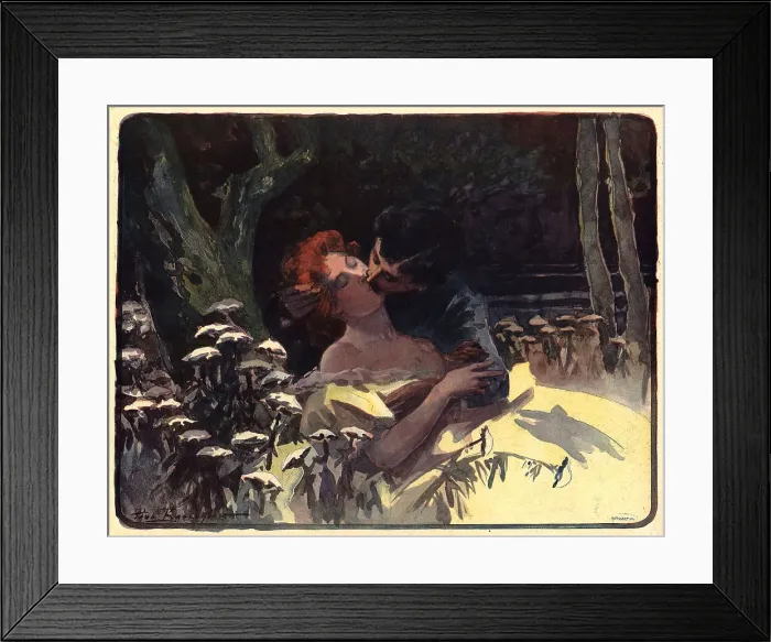 Framed Print : The Kiss. This painting portrays a young, red haired lady sharing a kiss Framed Print : The Kiss. This painting portrays a young, red haired lady sharing a kiss