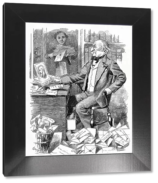 Cartoon, His Valentine, W E Gladstone at his desk