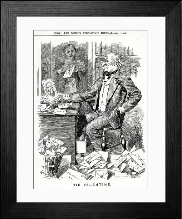 Framed Print : Cartoon, His Valentine, W E Gladstone at his desk Framed Print : Cartoon, His Valentine, W E Gladstone at his desk
