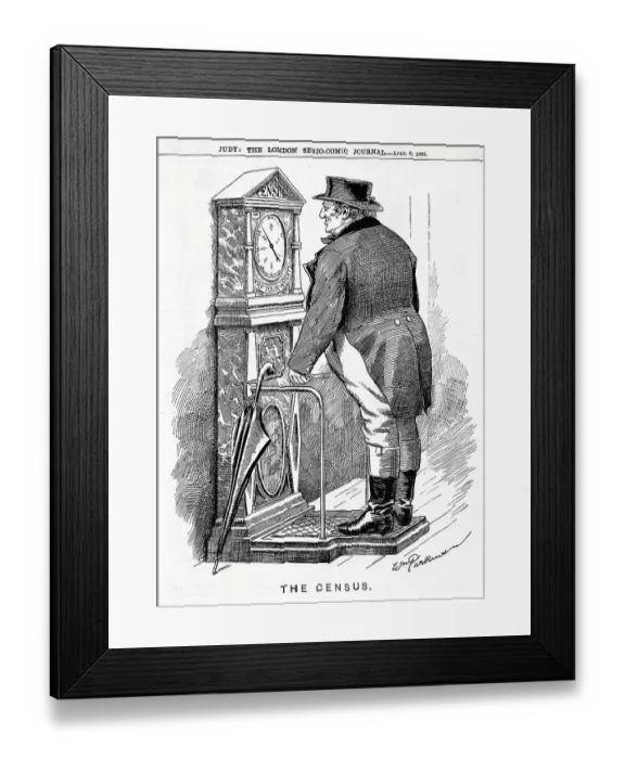 Framed Print : Cartoon, The Census, John Bull on a weighing machine Framed Print : Cartoon, The Census, John Bull on a weighing machine