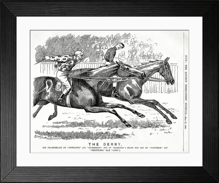 Framed Print : Cartoon, The Derby, Joseph Chamberlain wins the race Framed Print : Cartoon, The Derby, Joseph Chamberlain wins the race