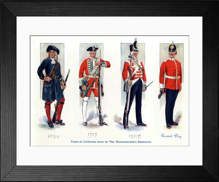 Framed Print : Four types of Uniforms worn by Worcestershire Regiment