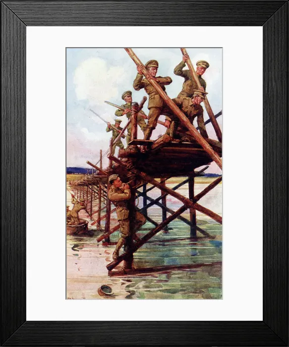 Framed Print : Royal Engineers building a Trestle Bridge, WW1 Framed Print : Royal Engineers building a Trestle Bridge, WW1