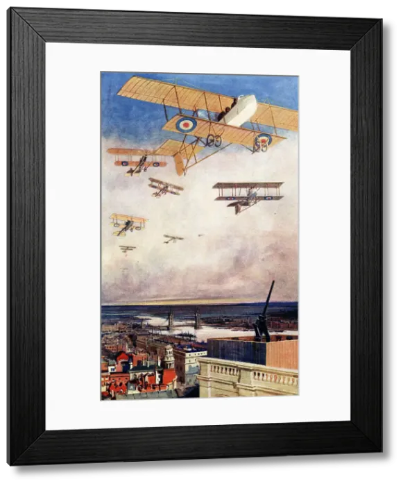 Framed Print : Royal Flying Corps, biplanes over London, WW1 Framed Print : Royal Flying Corps, biplanes over London, WW1