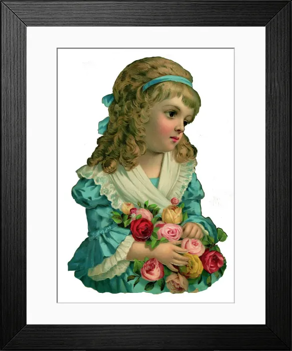 Framed Print : Victorian scrap, girl holding a bunch of flowers Framed Print : Victorian scrap, girl holding a bunch of flowers