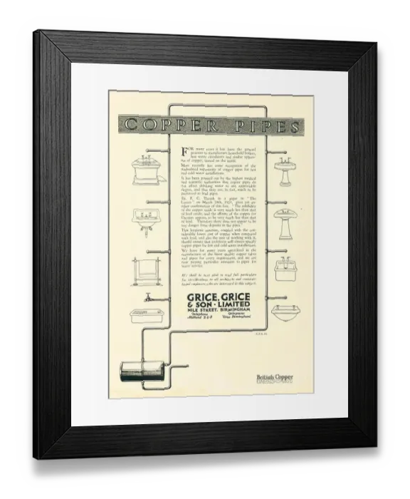 Framed Print : Grice, Grice & Son Copper Pipes Advertisement Framed Print : Grice, Grice & Son Copper Pipes Advertisement
