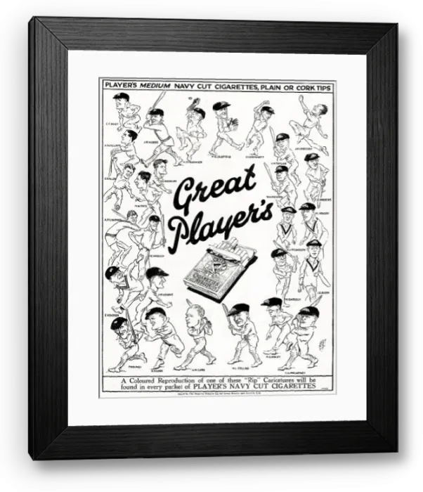 Framed Print : Advert, Great Player's cigarettes, with cricketers Framed Print : Advert, Great Player's cigarettes, with cricketers