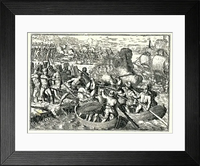 Framed Print : Reception of Spaniards by Caribs, from Gottfried's Reiser Framed Print : Reception of Spaniards by Caribs, from Gottfried's Reiser