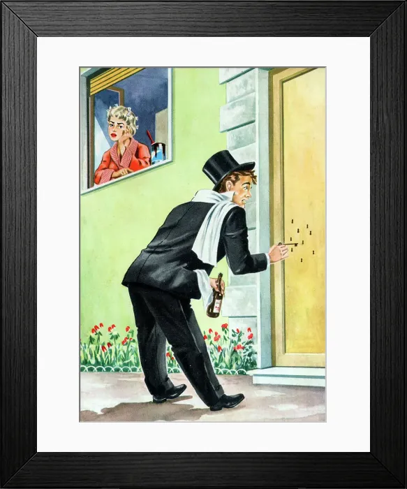 Framed Print : Drunk young man unable to find the right (real!) keyhole Framed Print : Drunk young man unable to find the right (real!) keyhole
