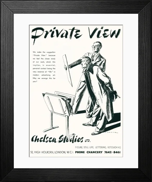 Framed Print : Chelsea Studios Advertisement, Private View Framed Print : Chelsea Studios Advertisement, Private View