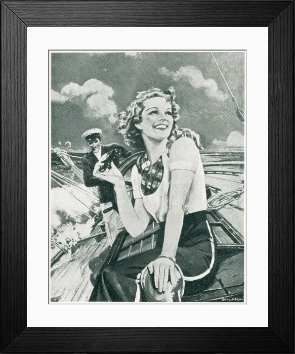 Framed Print : On A Boat. An advertisement illustration showing a smiling young woman Framed Print : On A Boat. An advertisement illustration showing a smiling young woman