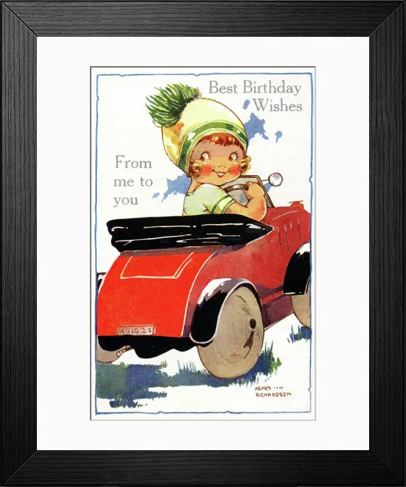 Framed Print : Birthday postcard, Girl driving a car, by Agnes Richardson Framed Print : Birthday postcard, Girl driving a car, by Agnes Richardson