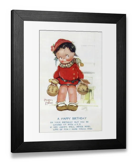 Framed Print : Birthday postcard, Girl with money bags Framed Print : Birthday postcard, Girl with money bags