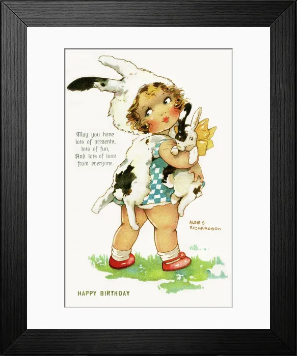 Framed Print : Birthday postcard, Girl in rabbit outfit carrying a bunny Framed Print : Birthday postcard, Girl in rabbit outfit carrying a bunny