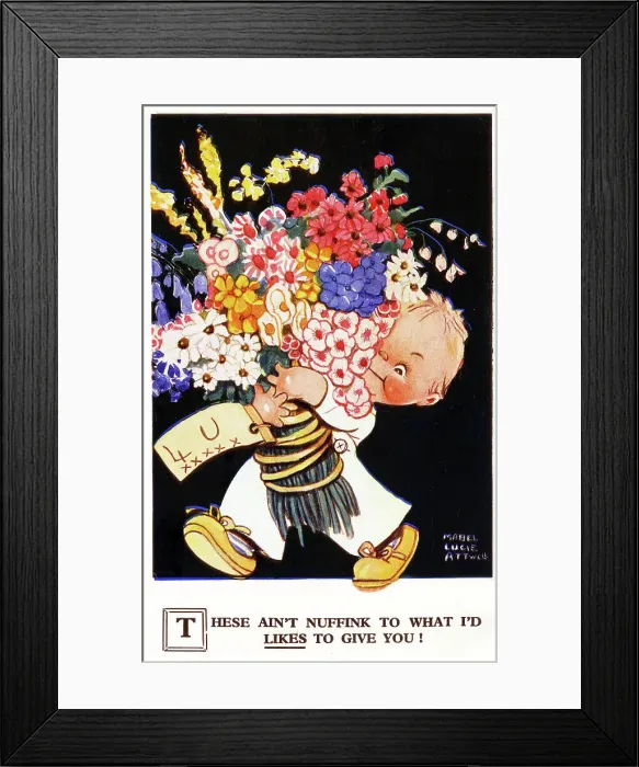 Framed Print : Diddums with bouquet of flowers, by Mabel Lucie Attwell Framed Print : Diddums with bouquet of flowers, by Mabel Lucie Attwell