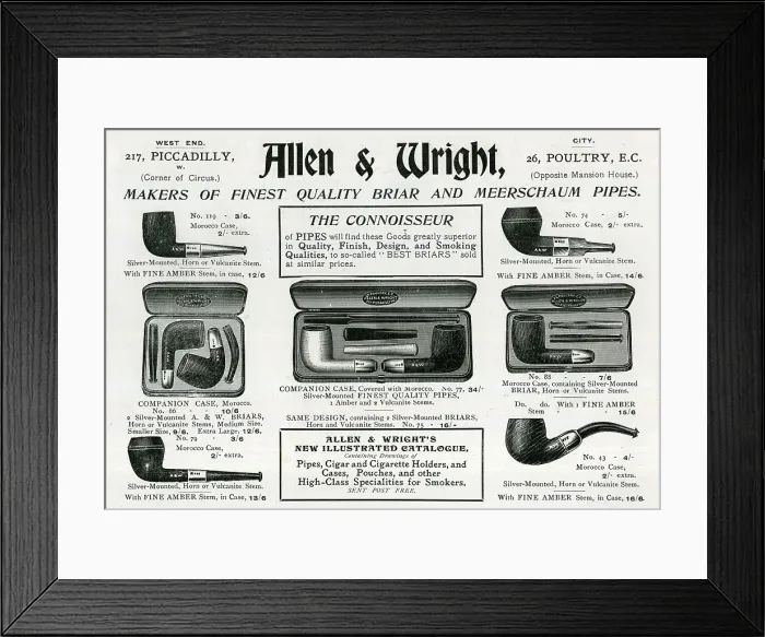 Framed Print : Advert, Allen & Wright, Briar and Meerschaum pipes Framed Print : Advert, Allen & Wright, Briar and Meerschaum pipes