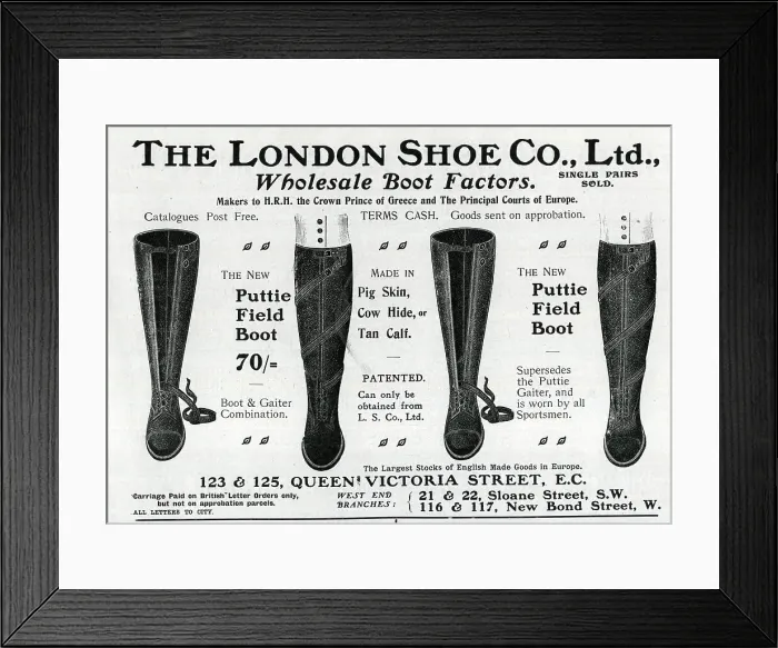 Framed Print : Advert, Puttie Field Boots, The London Shoe Co Ltd Framed Print : Advert, Puttie Field Boots, The London Shoe Co Ltd