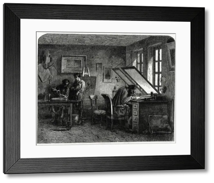 Framed Print : The Engravers Workshop, Engraving and Printing on Copper
