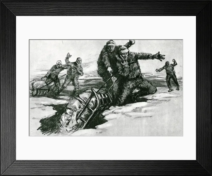 Framed Print : Captain Scott's team nearly lose sledge through snow bridge Framed Print : Captain Scott's team nearly lose sledge through snow bridge