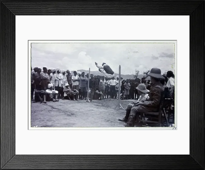 Framed Print : High jump with spectators, from a fascinating album which reveals new details on a little-known campaign in which a British military force brushed aside Tibetan defences to capture Lhasa, in 1904 Framed Print : High jump with spectators, from a fascinating album which reveals new details on a little-known campaign in which a British military force brushed aside Tibetan defences to capture Lhasa, in 1904