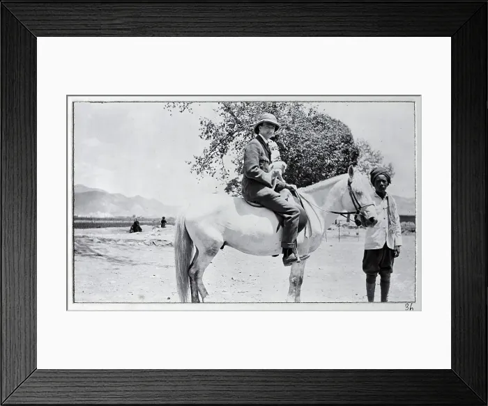 Framed Print : British man on a white horse (Sunstar) with Tibetan (Tsewangdi, nicknamed Bill Sykes) on right, from a fascinating album which reveals new details on a little-known campaign in which a British military force brushed aside Tibetan defences to capture Framed Print : British man on a white horse (Sunstar) with Tibetan (Tsewangdi, nicknamed Bill Sykes) on right, from a fascinating album which reveals new details on a little-known campaign in which a British military force brushed aside Tibetan defences to capture