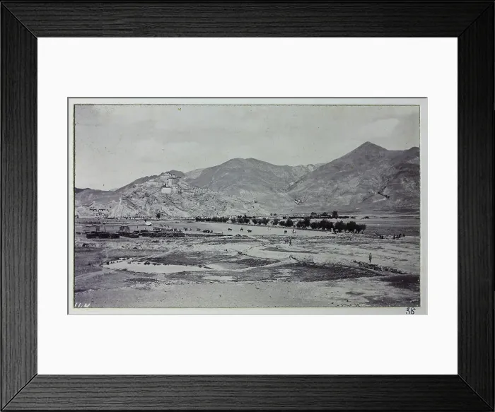Framed Print : View of polo ground, with fortified monastery or Dzong on a distant hillside, from a fascinating album which reveals new details on a little-known campaign in which a British military force brushed aside Tibetan defences to capture Lhasa, in 1904 Framed Print : View of polo ground, with fortified monastery or Dzong on a distant hillside, from a fascinating album which reveals new details on a little-known campaign in which a British military force brushed aside Tibetan defences to capture Lhasa, in 1904