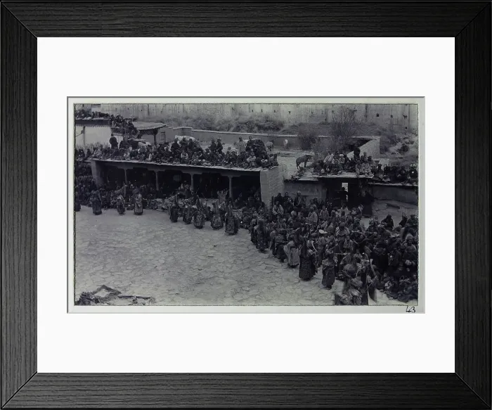 Framed Print : Dancers in front of a monastery, from a fascinating album which reveals new details on a little-known campaign in which a British military force brushed aside Tibetan defences to capture Lhasa, in 1904 Framed Print : Dancers in front of a monastery, from a fascinating album which reveals new details on a little-known campaign in which a British military force brushed aside Tibetan defences to capture Lhasa, in 1904