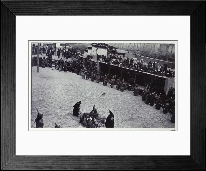 Framed Print : Dancers in front of a monastery, from a fascinating album which reveals new details on a little-known campaign in which a British military force brushed aside Tibetan defences to capture Lhasa, in 1904 Framed Print : Dancers in front of a monastery, from a fascinating album which reveals new details on a little-known campaign in which a British military force brushed aside Tibetan defences to capture Lhasa, in 1904