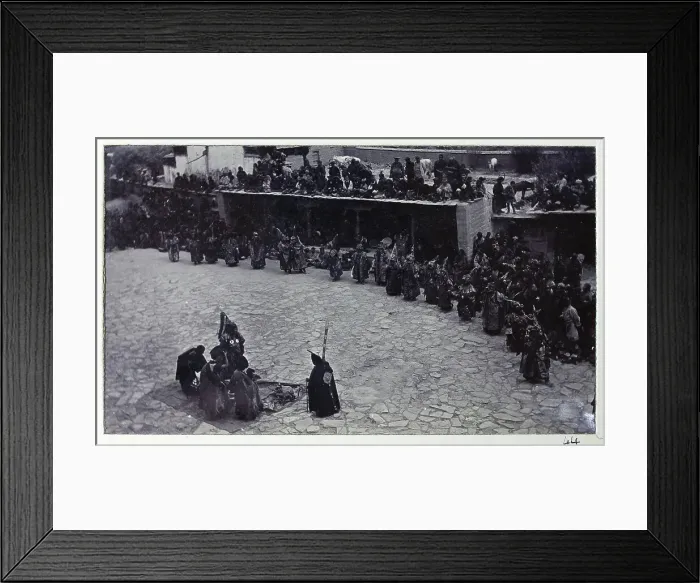 Framed Print : Dancers in front of a monastery, from a fascinating album which reveals new details on a little-known campaign in which a British military force brushed aside Tibetan defences to capture Lhasa, in 1904 Framed Print : Dancers in front of a monastery, from a fascinating album which reveals new details on a little-known campaign in which a British military force brushed aside Tibetan defences to capture Lhasa, in 1904