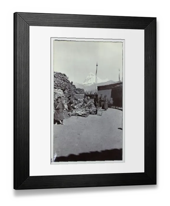 Framed Print : Scene at Phari bazaar, in Yadong County, on the Tibet border, with Mount Jomolhari or Chomolhari (2400 feet) in the distance, from a fascinating album which reveals new details on a little-known campaign in which a British military force brushed
