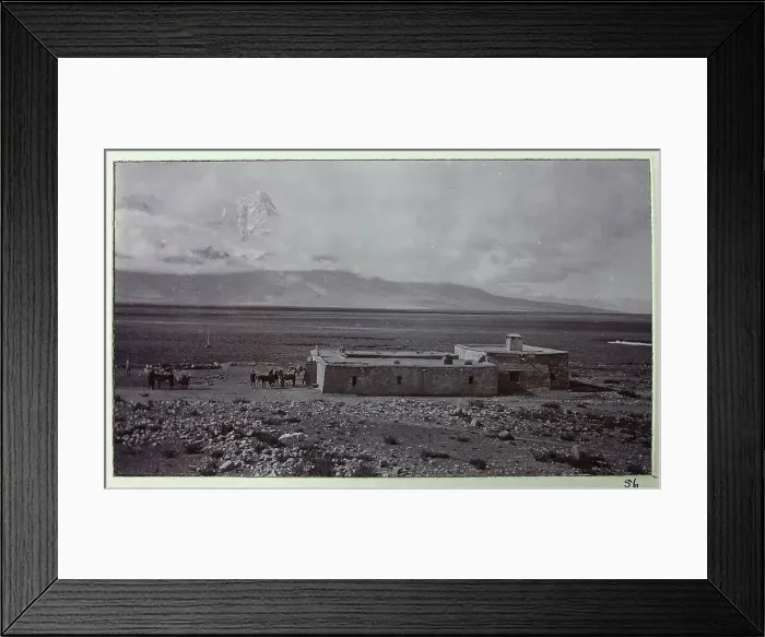 Framed Print : Tuna bungalows and Mount Jomolhari or Chomolhari, on the border between Tibet and Bhutan, from a fascinating album which reveals new details on a little-known campaign in which a British military force brushed aside Tibetan defences to capture Framed Print : Tuna bungalows and Mount Jomolhari or Chomolhari, on the border between Tibet and Bhutan, from a fascinating album which reveals new details on a little-known campaign in which a British military force brushed aside Tibetan defences to capture