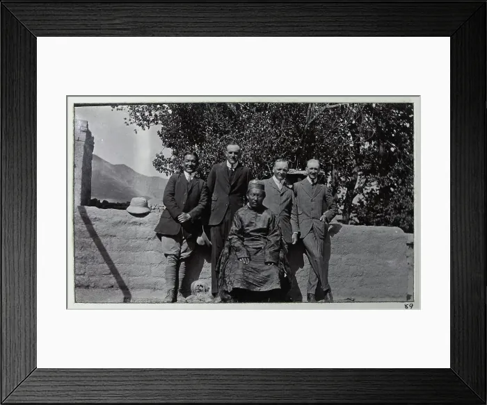 Framed Print : Group photo, Tashi Lama with four men in western clothes, from a fascinating album which reveals new details on a little-known campaign in which a British military force brushed aside Tibetan defences to capture Lhasa, in 1904 Framed Print : Group photo, Tashi Lama with four men in western clothes, from a fascinating album which reveals new details on a little-known campaign in which a British military force brushed aside Tibetan defences to capture Lhasa, in 1904