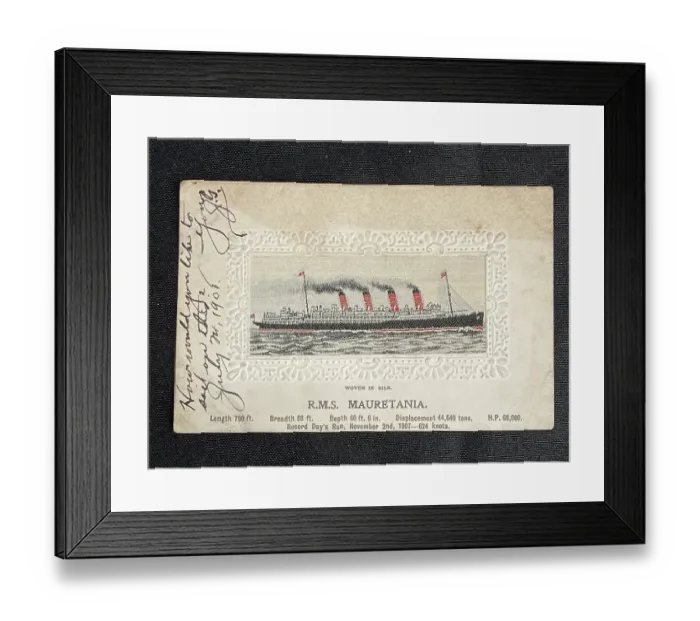 Framed Print : RMS Mauretania, on board silk postcard Framed Print : RMS Mauretania, on board silk postcard