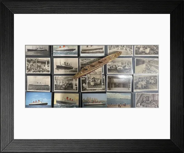 Framed Print : Collection of ocean liner postcards, and Queen Mary model Framed Print : Collection of ocean liner postcards, and Queen Mary model