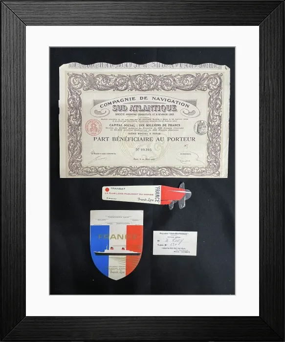 Framed Print : Ocean liners, French items, including share certificate Framed Print : Ocean liners, French items, including share certificate