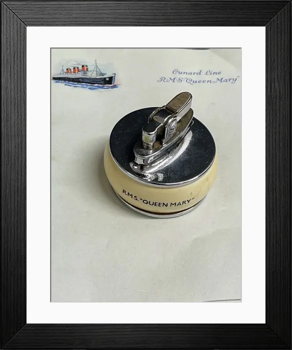 Framed Print : Cunard Line, Queen Mary table lighter and stationery Framed Print : Cunard Line, Queen Mary table lighter and stationery