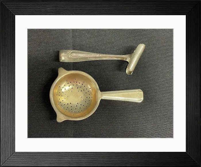 Framed Print : White Star Line, asparagus tongs and tea strainer