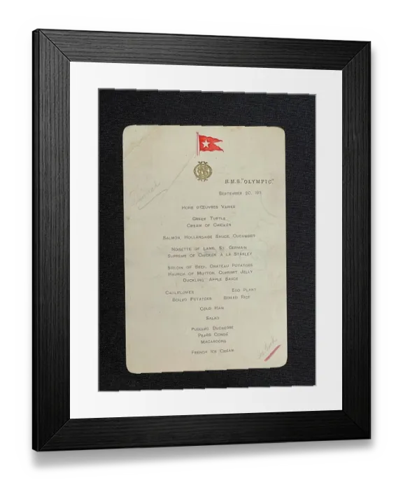 Framed Print : White Star Line, RMS Olympic, dinner menu card Framed Print : White Star Line, RMS Olympic, dinner menu card