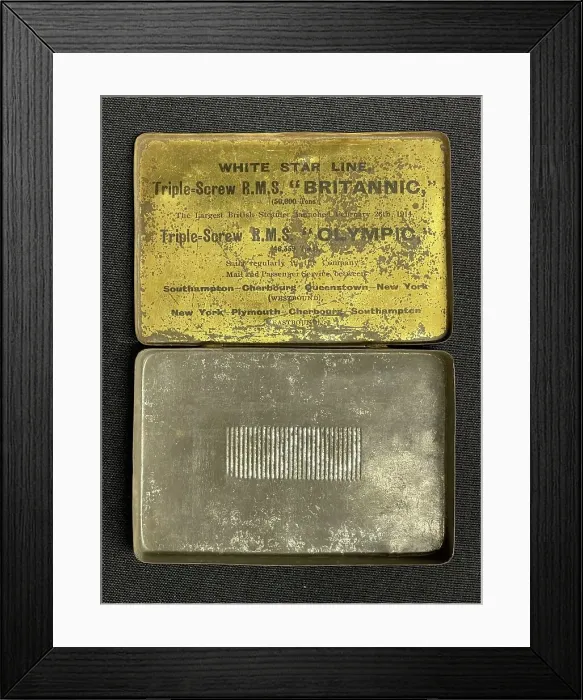 Framed Print : White Star Line, cigarette tin with match striker (inside) Framed Print : White Star Line, cigarette tin with match striker (inside)