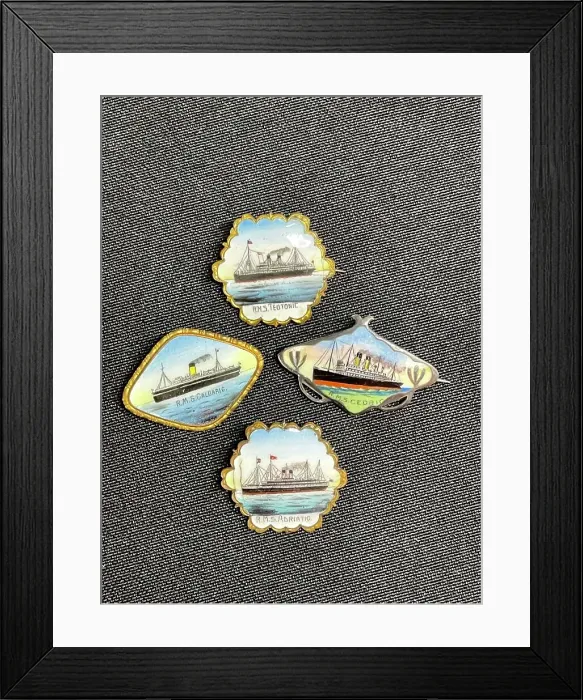 Framed Print : White Star Line, four souvenir enamel lapel badges Framed Print : White Star Line, four souvenir enamel lapel badges