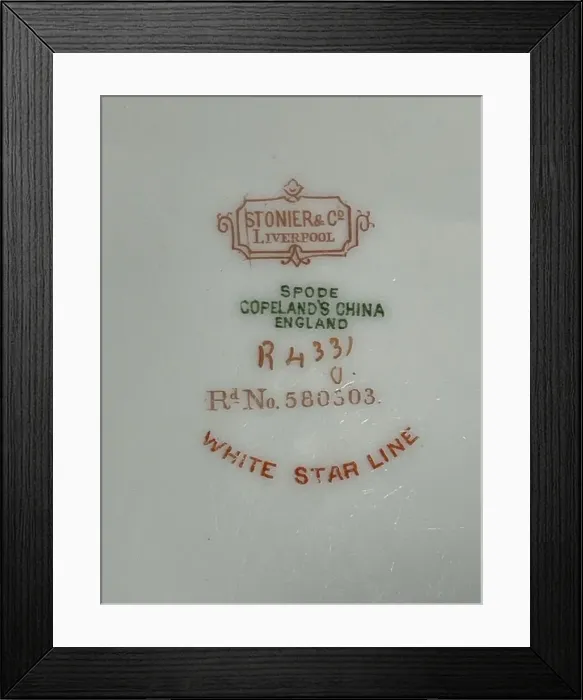 Framed Print : White Star Line, Titanic, blue and gilt dessert plate (back) Framed Print : White Star Line, Titanic, blue and gilt dessert plate (back)