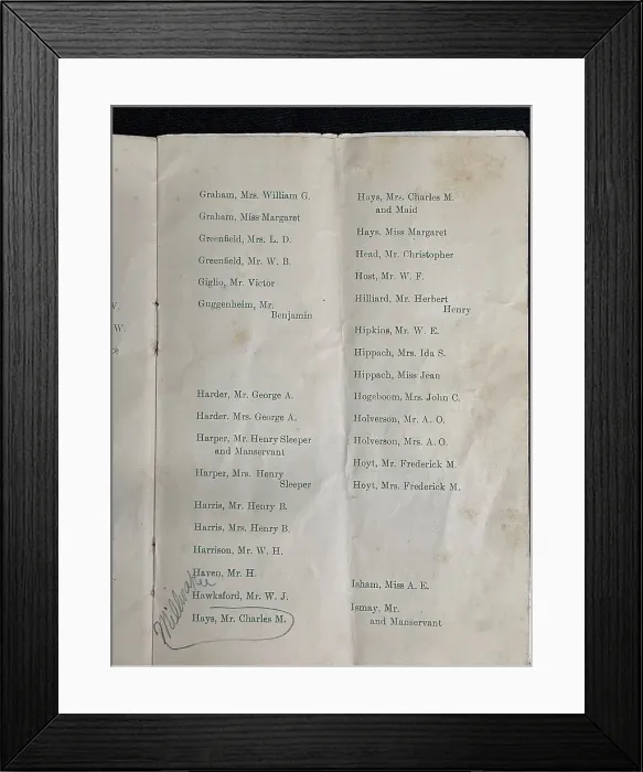 Framed Print : White Star Line, RMS Titanic, List of First Class Passengers Framed Print : White Star Line, RMS Titanic, List of First Class Passengers