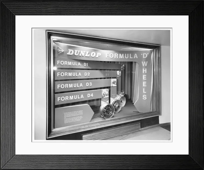Framed Print : Dunlop Formula D wheels window display Framed Print : Dunlop Formula D wheels window display