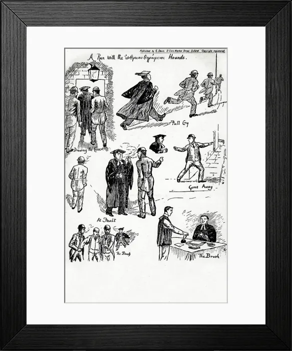 Framed Print : Comic Postcard - Oxford - A Run with the Man-pursuing Hounds Framed Print : Comic Postcard - Oxford - A Run with the Man-pursuing Hounds