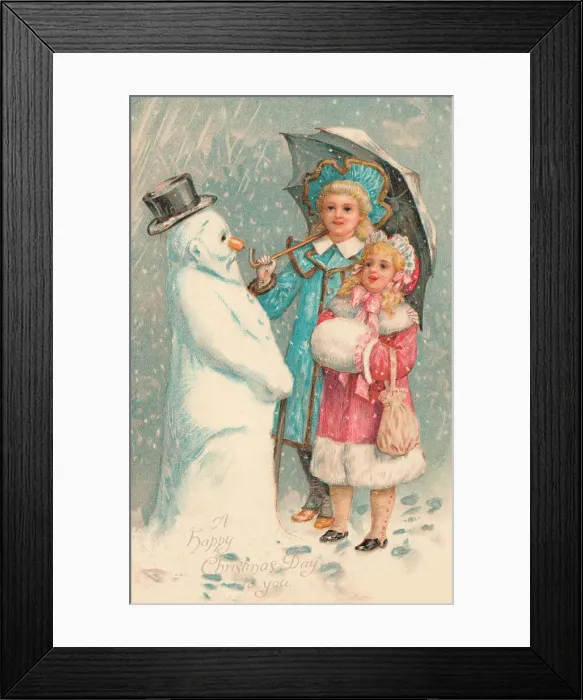 Framed Print : Girls and Snowman Framed Print : Girls and Snowman