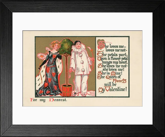 Framed Print : Valentine. A lady in a heart-motif dress, being wooed by a Pierrot