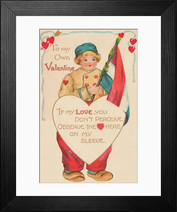 Framed Print : Valentine. Dutch boy with a Valentine message enshrined in a heart. Date: circa 1906 Framed Print : Valentine. Dutch boy with a Valentine message enshrined in a heart. Date: circa 1906