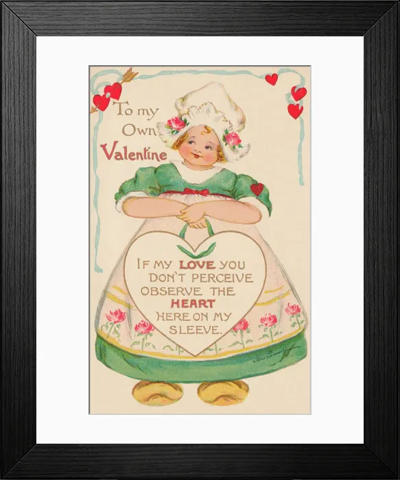 Framed Print : Valentine. Pretty Dutch girl with a Valentine message enshrined in a heart Framed Print : Valentine. Pretty Dutch girl with a Valentine message enshrined in a heart