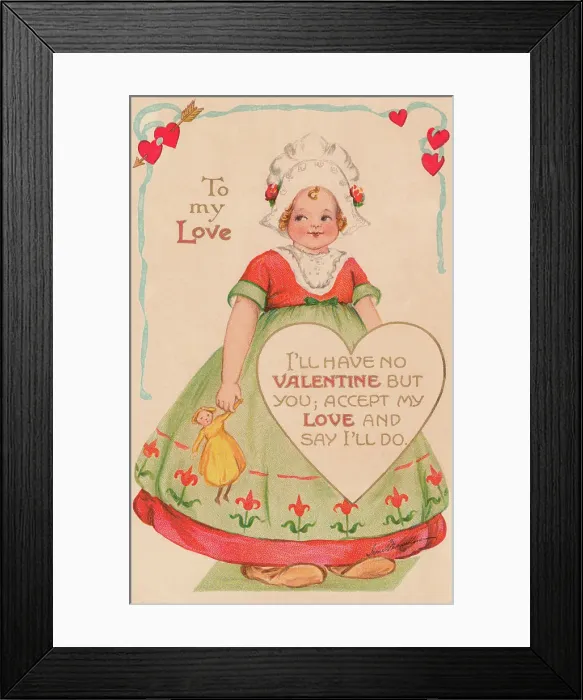 Framed Print : Valentine. Pretty Dutch girl with a Valentine message enshrined in a heart Framed Print : Valentine. Pretty Dutch girl with a Valentine message enshrined in a heart