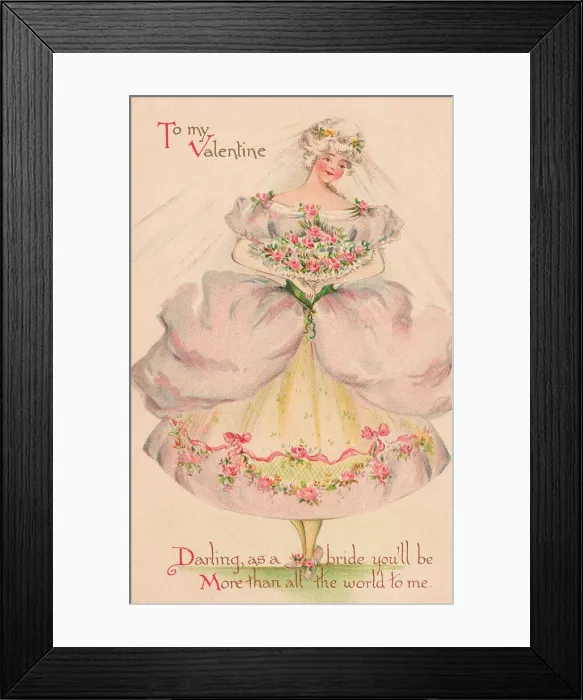 Framed Print : Valentine. Image depicting a pretty girl in a floral wedding dress. Date: circa 1906 Framed Print : Valentine. Image depicting a pretty girl in a floral wedding dress. Date: circa 1906